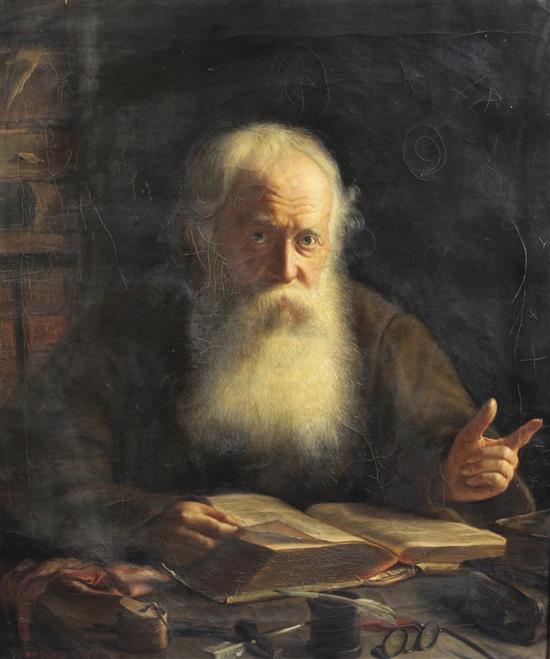 Heinrich Michaelis (German b.1837) Portrait of a bearded man reading a book, 33 x 27in.
